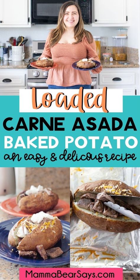 Carne Asada Baked Potato Recipe, Carne Asada Loaded Baked Potato, Carne Asada Potatoes, Carne Asada Baked Potato, Baked Potato Recipe, Mamma Bear, Loaded Baked Potato, Baked Potato Recipes, Loaded Baked Potatoes