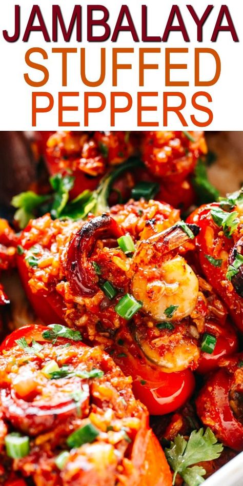 Jambalaya Stuffed Peppers - Chunky, delicious Jambalaya prepared with chicken, shrimp, andouille sausage, and brown rice, all baked inside tender bell peppers. #jambalaya #mardigras #stuffedpeppers via @diethood Best Jambalaya Recipe, Healthy Stuffed Bell Peppers, Vegan Stuffed Bell Peppers, Stuffed Bell Peppers Chicken, Jambalaya Recipe Easy, Stuffed Peppers With Rice, Stuffed Peppers Healthy, Chicken Shrimp, Jambalaya Recipe