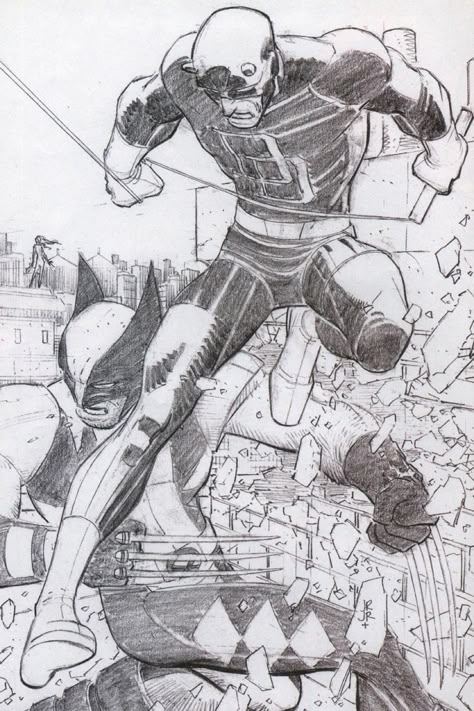 Daredevil & Wolverine by John Romita Jr. John Romita Jr Art, Comic Pencils, Daredevil Art, Comic Art Sketch, The Man Without Fear, John Romita Jr, Comic Book Art Style, Jr Art, Comic Book Artwork