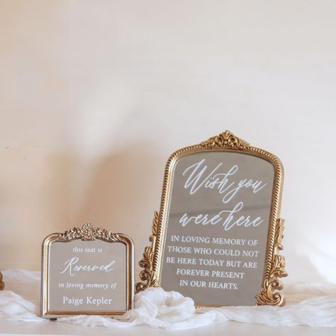 Just the sentimental detail you're needing for your #memorialtableforwedding . . . #memorialtablesign #memorialtable #wishyouwerehere #wishyouwerehere❤️ #weddingsign #weddingsigns #weddingsignage #weddingsignages #weddingsignideas #weddingmirror #weddingmirrors #weddingmirrorsign #weddingdecor #weddingdecoration #weddingdecorideas #etsy #etsyshop #Etsyshop #etsystore #etsyseller #etsyhandmade #etsysellersofinstagram Gold Mirror Signs, Wedding Table Reserved Signs, In Memory Wedding Chair, In Loving Memory Wedding Seat Sign, Memorial Wedding Signs, Honoring Loved Ones At Wedding, Wedding Memorial Table Ideas, Memorial Table Ideas, Memorial Table Wedding