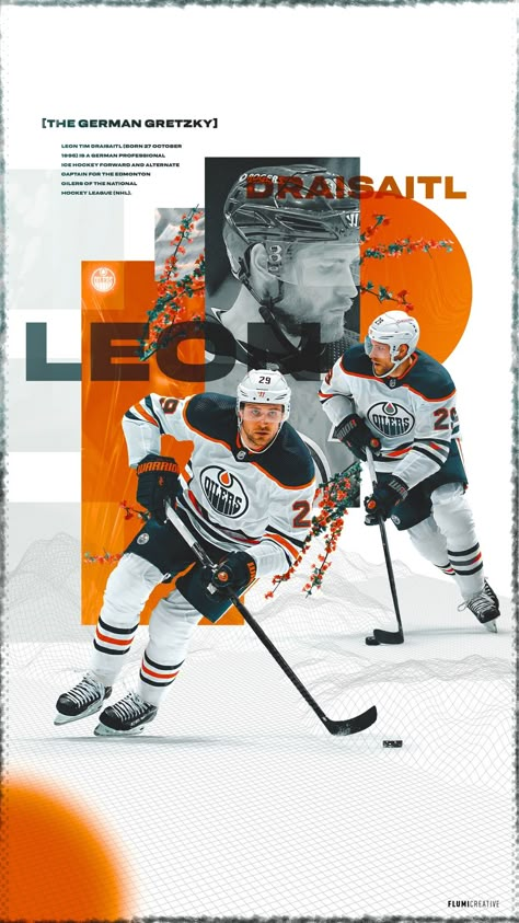 Hockey wallpaper designed for Leon Draisaitl of the Edmonton Oilers. Created this wallpaper with photoshop. I'm a Graphic designer, check out my insta @flumicreative Sports Lockscreen, Ice Hockey Graphic Design, Nhl Graphic Design, Leon Draisaitl Wallpaper, Hockey Design Graphic, Edmonton Oilers Wallpaper, Hockey Graphic Design, Oilers Wallpaper, Hockey Graphics