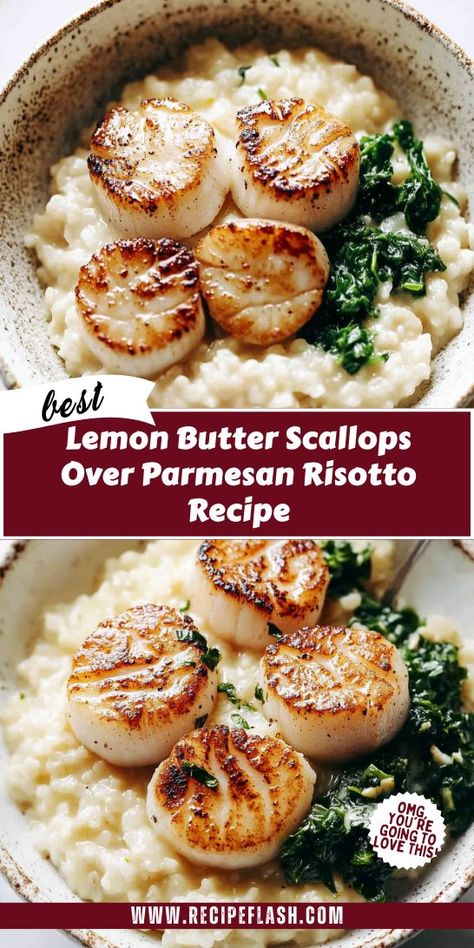 Seeking a quick yet luxurious dinner option? Our Lemon Butter Scallops over Parmesan Risotto recipe is simple to make and bursting with flavor, making it a fantastic choice for any occasion. Save this delightful recipe to your Scallops Dinner Ideas for future inspiration! Scallop With Risotto, Scallop And Rissoto, Scallops And Risotto Recipes, Risotto Shrimp Recipes, Simple Risotto Recipes, Fancy Meals Dinners, Risotto Dinner Ideas, Scallops And Risotto, Risotto Recipes Shrimp