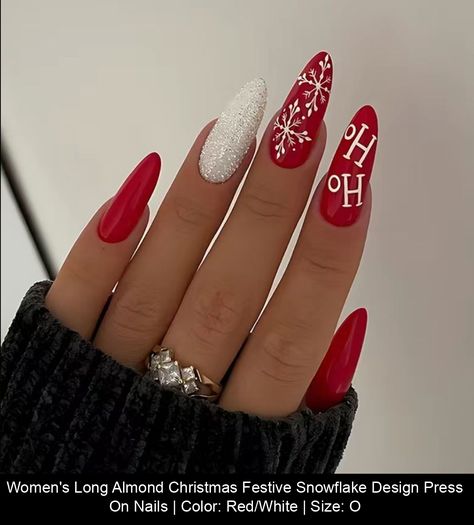 Women's Long Almond Christmas Festive Snowflake Design Press On Nails | Color: Red/White | Size: Os Red Snowflakes Nails, White Almond Christmas Nails, Christmas Nails Red Almond, Long Almond Christmas Nails, Red And White Nails Ideas, Christmas Nails Almond Red, Almond Christmas Nails, Christmas Nails Almond, Christmas Nails Red