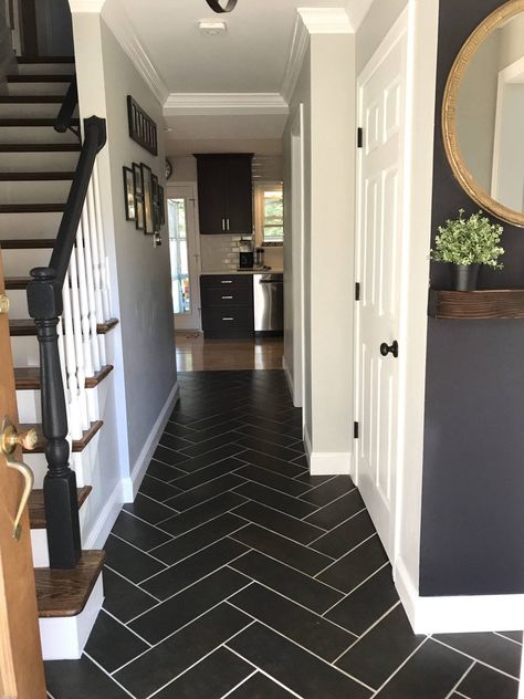 Herringbone Hallway, Hallway Tiles Floor, Foyer Flooring, Tiled Hallway, Entrance Way, Hallway Flooring, Black Tile, Hallway Designs, Hallway Design