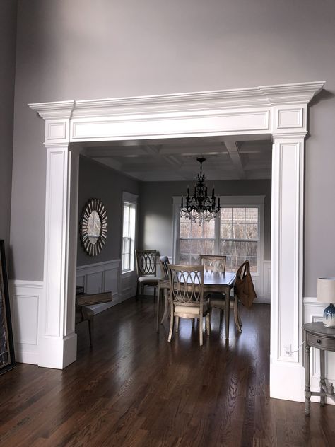 Crown Molding Entryway, Molding Entryway, Cased Openings Between Rooms, 2 Story Wall, Cased Opening, Archways In Homes, Neoclassical Interior Design, Baseboard Styles, Bedroom Seating Area