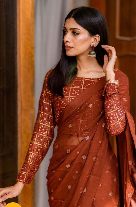 Terracotta Lehenga, 2024 Saree Trends, Brown Saree Look, Brown Saree Blouse, Saree Styles Wedding Traditional, Casual Saree Look, Modern Saree Look, Saree Styles Modern, Sarees Ideas