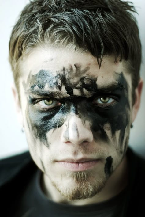 Barbarian Face Paint, Post Apocalyptic Makeup Male, Hunting Face Paint, Viking Face Paint, Warrior Makeup, Black Face Paint, Warrior Paint, After Earth, Male Makeup