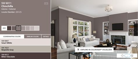 Chinchilla Purple - for Bedroom walls.  https://www.sherwin-williams.com/homeowners/color/find-and-explore-colors/paint-colors-by-family/SW6011-chinchilla#/6011/?s=coordinatingColors&p=PS0 Media Room Paint Colors, Neutral Paint Colors, Blue Paint Colors, Green Paint Colors, Sherwin Williams Paint Colors, Paint Projects, Gray Interior, Exterior Paint Colors, Blue Interior