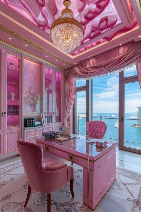 Office Pink Aesthetic, Hot Pink Interior Design, Pink Office Aesthetic, Opulent Decor, Colorful Office Design, Ornate Ceiling, Curtains Pink, Mediterranean Styles Interior, Feminine Office