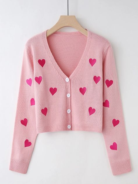 Homemade T Shirts, Cardigan Korean Style, Couple Streetwear, Shoulder Cardigan, Drop Shoulder Cardigan, Girls Heart, Cardigan Pink, Heart Embroidery, Crochet Fashion Patterns