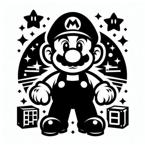 Super Mario Black And White, Disney Silhouette Art Stencil, Mario Silhouette, Mario Stickers, Mario Svg, Disney Silhouette Art, Cricut Iron On Vinyl, Svg Shapes, Video Game Logos