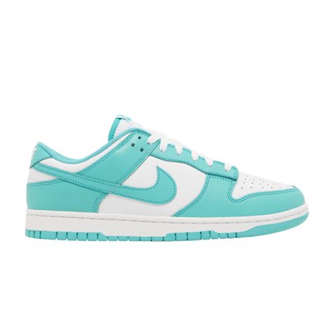 Find NIKE Dunk Low 'clear Jade on Editorialist. The Nike Dunk Low ‘Clear Jade’ makes use of a smooth leather upper, featuring a pristine white base with emerald green overlays and a color-matched Swoosh. A woven Nike tag decorates the breathable nylon tongue, while an embroidered Nike wordmark graces the back tab. The sneaker rests on a durable rubber cupsole, fitted with an interior foam wedge for lightweight cushioning. Teal Dunks Outfit, Clear Jade Dunks, Teal Nike Dunks, Bape Shoes, Dunks Outfit, Teal Nikes, Pretty Shoes Sneakers, Cute Nike Shoes, Cute Nikes