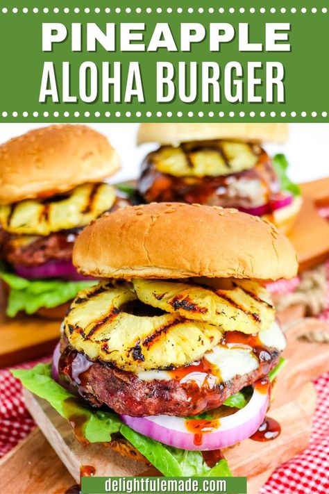 Our pineapple aloha burger is loaded with grilled pineapple, red onion and a drizzle of teriyaki sauce. These aloha burgers are a fantastic option for mixing things up with your burgers. Topped with grilled pineapple, these pineapple burgers are delicious and have all the flavors of summer. In this post I’ll show you how to make the perfect beef mixture for burgers, tips for grilling and everything you’ll need for toppings. Pineapple On Burgers, Pineapple Burger Recipes, Hawaiian Burgers Pineapple, Hawaiian Burger Recipe, Peaches Salad, Pineapple Burger, Aloha Burger, Grilled Fruit Dessert, Grill Pineapple