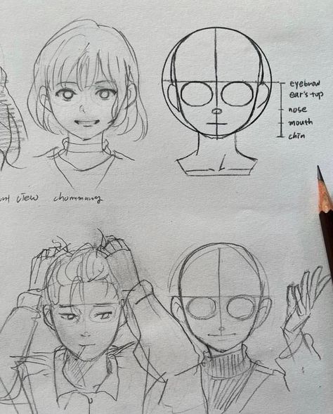 Art Reference Face Anime, Head Drawing 3/4, Face Structure Reference Drawing, Anime Face Practice, Head Shapes Drawing Reference, Practice Face Drawing, Chommang Anatomy, Anime Face Structure, Head Practice Drawing