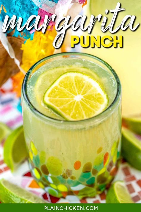 Margarita Punch - great for a crowd! SO easy to make and tastes great! Limeade, Lemonade, orange extract, Sprite, water and tequila. Can leave out the tequila for a virgin margarita punch! Great for Cinco de Mayo, dinner parties and tailgating! Punch For Taco Party, Easy Margarita Recipes For A Crowd, Virgin Margarita Punch, Margarita Punch For A Crowd, Punch With Tequila, Batch Margarita Recipe, Large Batch Margarita Recipe, Limeade Margarita Recipe, Margarita Punch Recipe