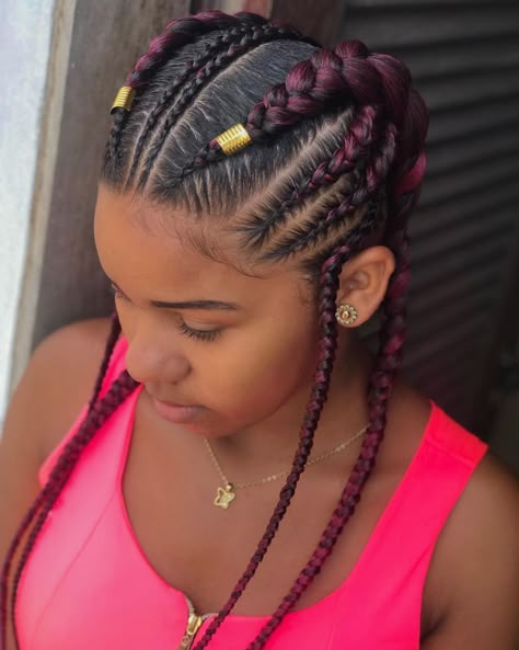 Feed In 2 Braids, Red Half Cornrows Half Box Braids, Two Red Feed In Braids, Black And Red Cornrow Braids, Feed In Dutch Braids With Color, Red Dutch Braids, Straight Cornrows, Purple Goddess Braids, Red Festival Braids