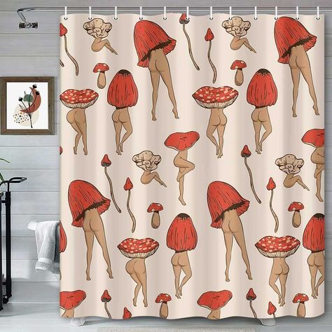 Hippie Bathroom, Funny Shower Curtain, Funny Mushroom, Funny Shower Curtains, Aesthetic Plants, Minimalistic Aesthetic, Cool Shower Curtains, Apt Ideas, Bathroom Themes