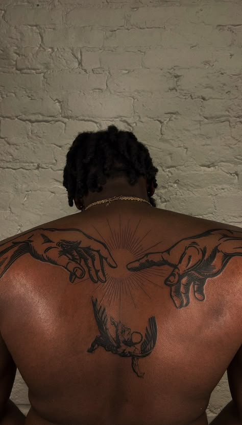 Back Tats For Men, Biblical Tattoo Designs, Men’s Cross Chest Tattoos, Inri Jesus Tattoo, Creation Of Adam Tattoo Back, Biblical Back Tattoos, Aesthetic Back Tattoo Men, Behind The Neck Tattoos Men, Boy Tattoos Men