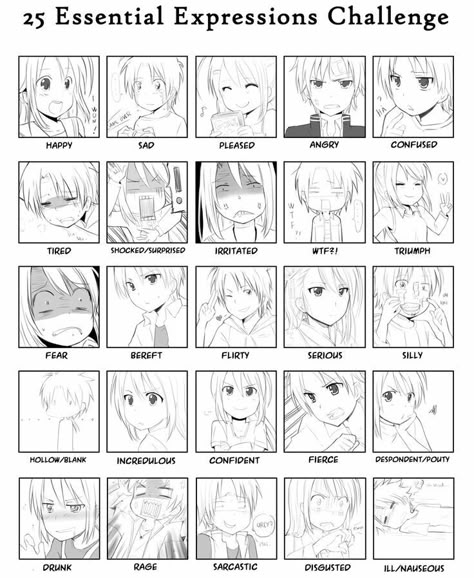 25 Essential Expressions, Expression Challenge, Facial Expressions Drawing, Drawing Face Expressions, Manga Tutorial, 얼굴 드로잉, Sketch Human, Manga Drawing Tutorials, Drawing Examples