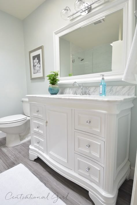 White Vanity Bathroom, White Vanity, Upstairs Bathrooms, Grey Flooring, Bathroom Redo, Girls Bathroom, Bathroom Renos, Bath Remodel, Farmhouse Bathroom