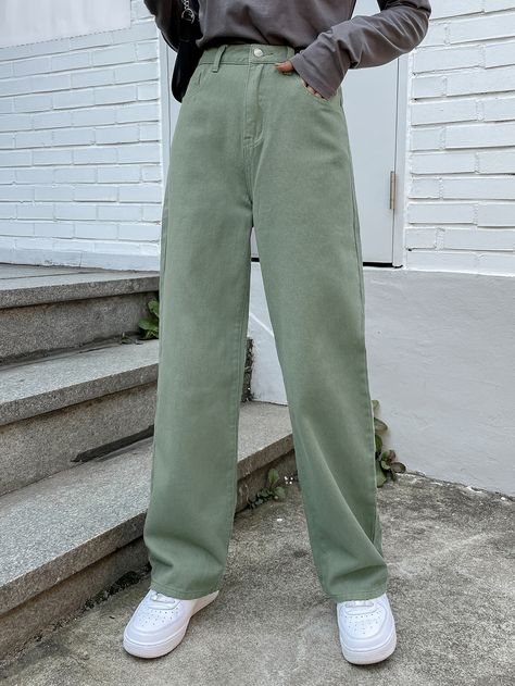 Green Jeans Outfit, Green Pants Outfit, High Waisted Wide Leg Jeans, Outfits Con Jeans, Green Jeans, Green Pants, Pantalon Large, Women Denim Jeans, Cargo Jeans