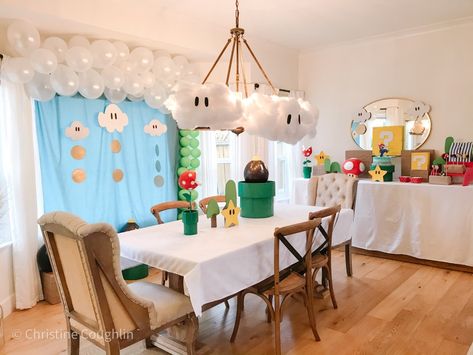 Classic Nintendo Birthday Party, Mario Birthday Party At Home, Super Mario Background Birthday Party Ideas, Mario Kart Rainbow Road Diy, Neutral Mario Party, Mario Kart 8 Birthday Party, One Year Old Mario Party, Super Mario First Birthday, Mario Birthday Party Games Diy