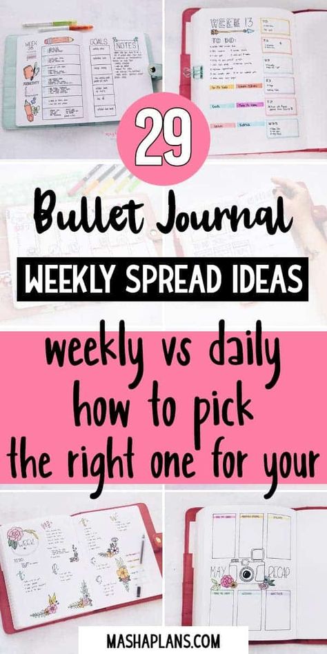 One of the most important spreads in your Bullet Journal is your weekly spread. Or your daily spread. Let's look into what each one is and figure out which works best for you. Plus get 29 Bullet Journal weekly spread inspiration. Bullet Journal weekly, weekly log, BuJo weekly. Daily Bujo Layout, Bujo Daily Log, Daily Bujo, Positive Journaling, Bullet Journal Weekly Spread Ideas, Girls Lounge, Daily Bullet Journal, Daily Spread, Weekly Spread Ideas