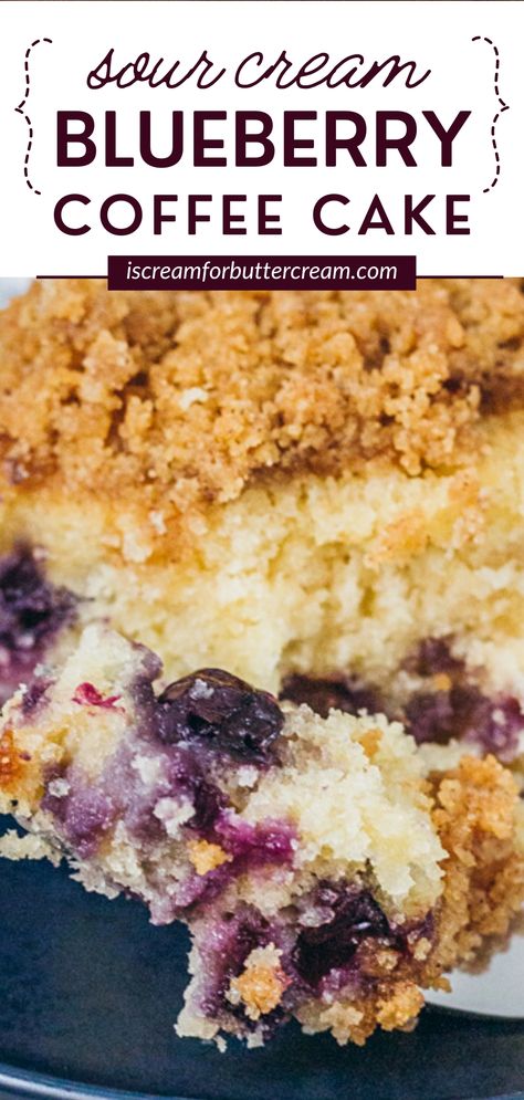 Close up image of a blueberry coffee cake with a text overlay. Blueberry Coffee Cake Recipe, Fun Boots, Cake Blueberry, Blueberry Breakfast Cake, Blueberry Coffee Cake, Blueberry Coffee, Sour Cream Coffee Cake, Coffee Cake Recipe, Blueberry Breakfast