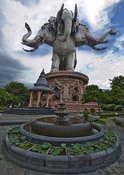 Erawan Museum | Atlas Obscura "To reach this unique three-headed elephant museum in Bang Muang Mai, Thailand, and the treasures it holds, you start with a walk through the gardens filled with statues of mythical Thai creatures." Erawan Museum, Choeng Mon Beach, Samut Prakan, Roadside Attractions, Bhutan, Pattaya, Bangkok Thailand, Thailand Travel, Places Around The World