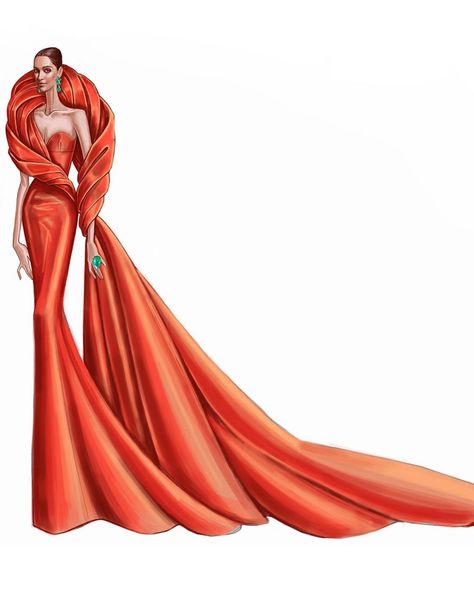 Deepika Padukone’s Strapless Gown Fit Her Like a Glove; Ashi Studio Calls Her ‘Indian Superstar’ Cannes Film Festival 2022, Ashi Studio, Orange Gown, Gown Drawing, Fashion Model Sketch, Fashion Design Drawing, Fashion Illustrations Techniques, Dress Illustration, Fashion Illustration Sketches Dresses