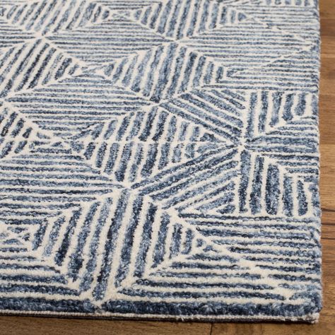 Birch Lane™ Deanda Geometric Handmade Tufted Wool Blue/Ivory Area Rug & Reviews | Wayfair Blue Gray Area Rug, Blue And White Rug, Cottage Dining Rooms, Safavieh Rug, Traditional Living Room, Geometric Area Rug, Ivory Rug, Abstract Rug, Blue Ivory