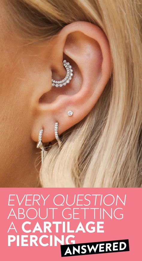 Your questions about getting a #cartilagepiercing have been answered. #EarPiercings #Piercings #Jewelry | InStyle Cartilage Earrings Aesthetic, Cartlidge Earring Idea, Piercing Ideas Classy, Ear Piercing Ideas Classy, Double Pierced Earrings, Ear Piercing Ideas, Piercings Jewelry, Ear Lobe Piercings, Pave Diamond Earrings