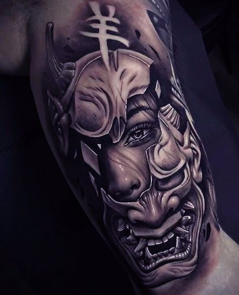 Japanese Tattoo Art Black And Grey, Black And Grey Japanese Tattoo Design, Japanese Traditional Tattoo Black And Grey, Hannya Mask Tattoo Design Black And Grey, Black And Grey Samurai Tattoo, Traditional Tattoo Black And Grey, Geisha Tattoo Design, Geisha Tattoo, Chicano Style Tattoo