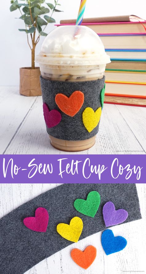 No-Sew Felt Cup Cozy Felt Cup Cozy Pattern, No Sew Coffee Sleeve, Diy Cup Sleeve, Felt Mug Cozy, Felt Cup Cozy, Felt Coffee Cozy, Library Crafts For Adults, Fabric Crafts No Sew, No Sew Felt Crafts