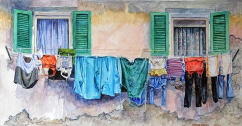 Washing at Portoferraio. - Italia Smelly Towels, Bedroom Set Designs, Laundry Art, Aluminum Patio Furniture, Watercolor Subjects, Washing Line, Building Structure, Daily Painting, Types Of Furniture