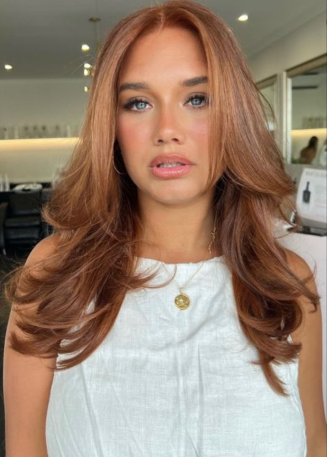 Copper Hairstyles Color, Orange Over Brown Hair, Fudge Hair Colour, From Copper To Ash Brown, Cowgirl Copper Balayage Brunette, Dusty Copper Hair, Red Hair Fair Skin Blue Eyes, Natural Copper Brown Hair, Orange Hair With Brown Roots