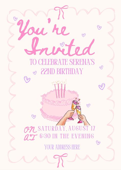 Pink Carpet Birthday Party, Birthday Invite Pink, Pink Coquette Birthday, Cute Party Invitations, Pink Croquette, Coquette Birthday Party, Menu Cake, Bow Birthday Party, 21st Invitations