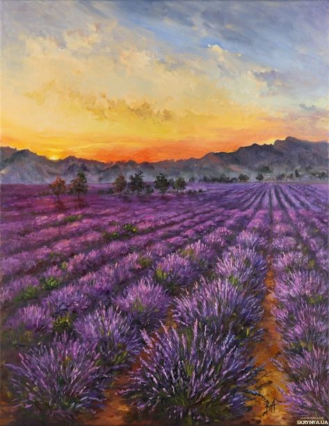 Lavender Landscape, Lavender Wall Art, Lavender Cookies, Lavender Paint, Lavender Wall, Landscape Paintings Acrylic, Impressionism Painting, Palette Knife Painting, Impressionism Art