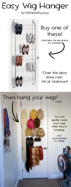 How I hang my wigs! When you start building a giant collection of hair, you’re gonna want an easy way to store it, so I came up with t... Wig Organizer, Costume Room, Making Cosplay, Wig Storage, Props Storage, Diva Den, Accessory Storage, Drama Class, Diy Kostüm