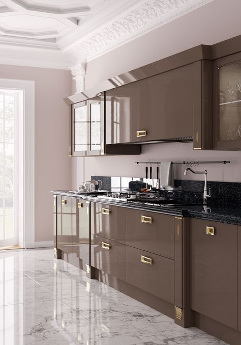 Kitchen New Classic, Classic Kitchen Design Luxury, New Classic Kitchen, Neo Classic Kitchen, Neoclassical Interior Design, Classical Kitchen, Glazing Furniture, Luxury Kitchen Cabinets, Stained Kitchen Cabinets