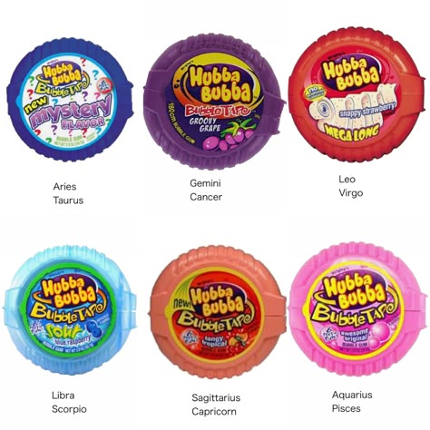 6 types of hubba bubba flavors with all 12 zodiac signs Hubba Bubba Gum, Weird Snacks, Gum Flavors, Bubble Gum Flavor, Hubba Bubba, Types Of Candy, Hello Kitty Crafts, Sleepover Food, Junk Food Snacks