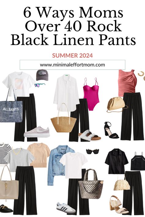 Stay cool and fashionable with our top picks for black linen pants outfits! Ideal for moms over 40, these six style ideas for summer 2024 showcase the elegance of women's linen pants. Get inspired by our tips on what to wear with linen pants fo How To Style Black Linen Pants Casual, How To Wear Black Linen Pants, Black Linen Top, Outfits With Black Linen Pants, Summer Linen Pants Outfit, What To Wear With Linen Pants, How To Style Black Linen Pants, Black Linen Pants Outfit Summer Casual, What To Wear With Linen Pants Women