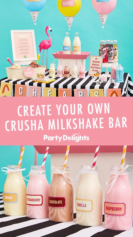 DIY Crusha Milkshake Bar with FREE printables! Looking for something to make your party memorable? How about your very own pop-up milkshake bar? We’ve created some indulgent recipes using delicious Crusha milkshake mix and come up with quirky décor ideas to help make the milkshake magic happen! Milk Shake Bar Ideas, Milkshake Bar Party, Milkshake Party Ideas, Milkshake Party, Malt Shop Theme Party, Milkshake Bar Ideas, Healthy Breakfast Choices, Milkshake Bar, Catering Food Displays