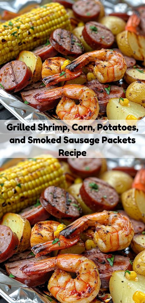 Need new potato dinner recipes? Try our Grilled Shrimp, Corn, Potatoes, and Smoked Sausage Packets Recipe. It's a tasty and unique way to enjoy potatoes. Sausage Packets, Shrimp Sausage Corn Potatoes, Potato Dinner Recipes, Potatoes And Smoked Sausage, Potatoes And Sausage, Potato Packets, Smoked Shrimp, Shrimp Corn, Shrimp Sausage