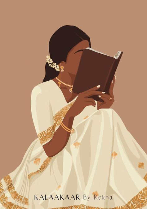 Indian Women In Saree Reading Book Art, Desi Art, South Asian Art, Indian Art, Book Lovers Portrait Reading Book Art, Women In Saree, Desi Art, Modern Indian Art, South Asian Art, Art Indian, Girl Drawing Sketches, Girly Wall Art, Illustration Art Girl