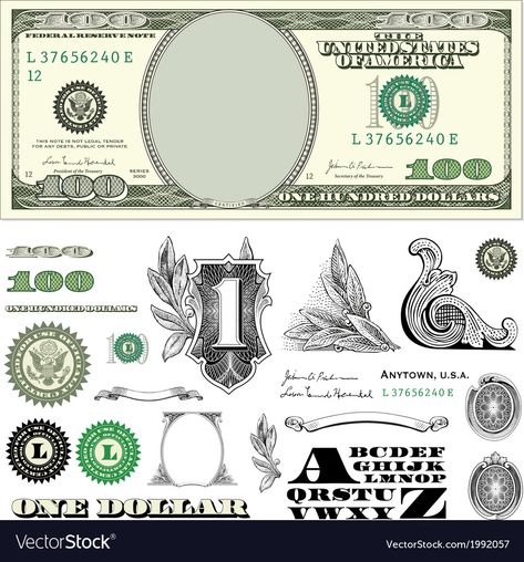 Currency Design Ideas, 100 Dollar Bill Drawing, Dollar Bill Template, Money Design Art, Dollar Design, Money Clipart, Dagobert Duck, Money Logo, Money Template