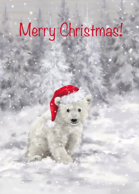 Polar bear with Santa&rsquo;s hat in snowy woodland, Merry Christmas card Polar Bear Paint, Christmas Extravaganza, Polar Bear Art, Cartoon Christmas Tree, Christmas Image, Christmas Tree Wallpaper, Polar Bear Christmas, Merry Christmas Pictures, Bear Hugs