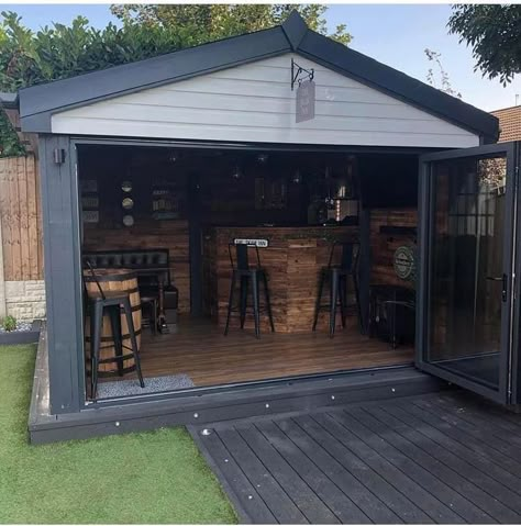 Mens Shed Ideas, She Shed With Bar, Outside Bar Shed, Outside Shed Bar Ideas, Outdoor Shed Bar Ideas Backyards, Backyard Shop Ideas, Outdoor Bar Shed Ideas, Man Shed Ideas Backyards, Garden Shed Bar Ideas