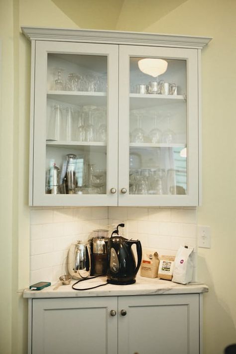 Shauna's French–Inspired Renovation Corner Coffee Bars In Kitchen, Corner Unit Coffee Bar, Coffeebar Coffee Stations Kitchen, Corner Hutch Coffee Bar, Corner Cabinets Dining Room, Corner Sideboard, Small Corner Cabinet, Corner Coffee Bar, Desain Pantry Dapur