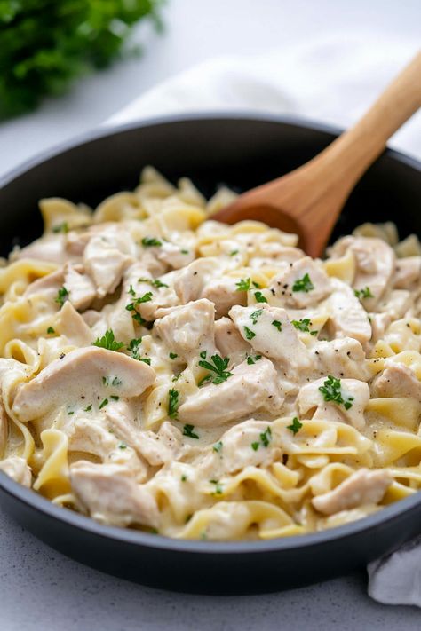 Savory Chicken and Egg Noodles Boneless Skinless Chicken Thigh Recipes With Egg Noodles, Turkey And Egg Noodles Recipe, Homemade White Sauce, Chicken And Egg Noodles, Egg Noodle Recipes, Noodle Recipes Easy, Boneless Skinless Chicken Thighs, Savory Chicken, Sauce For Chicken